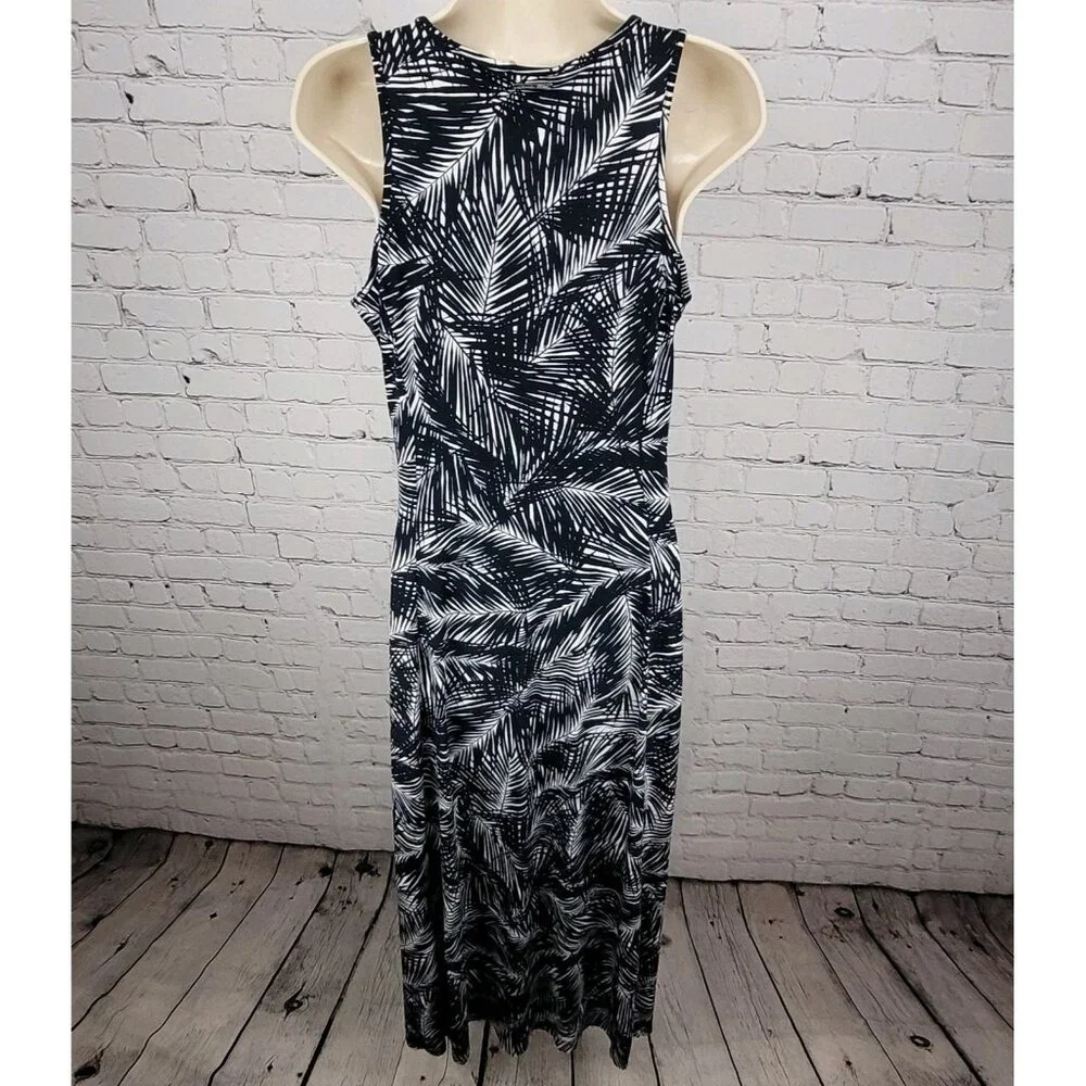 Michael Kors Navy & White Palm Leaf Front Slit Stretch Midi Dress Size Medium M